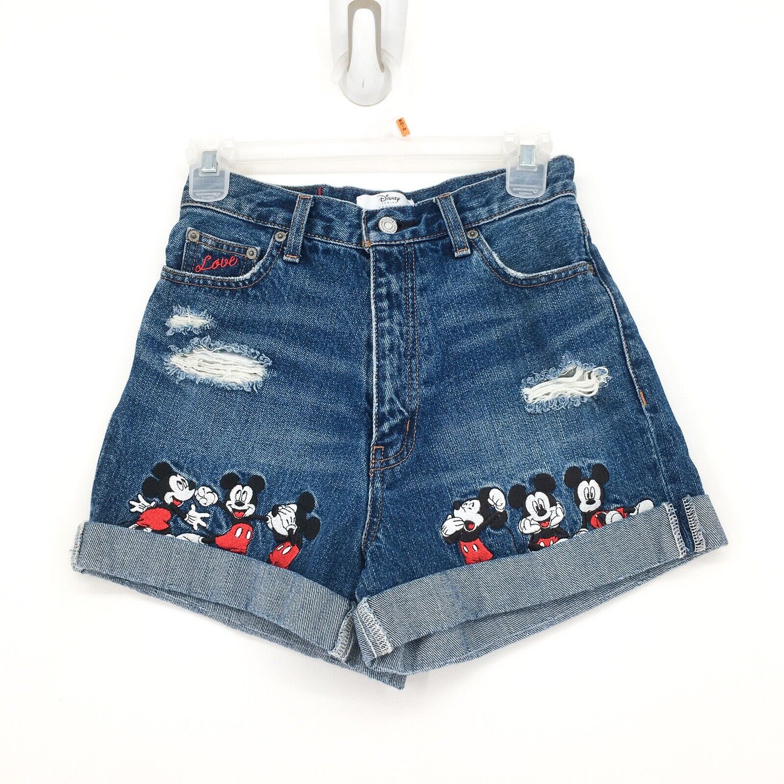 Moussy Disney Women 2 Mickey Mouse Shorts Distressed Denim Cuff Embroidered Rare